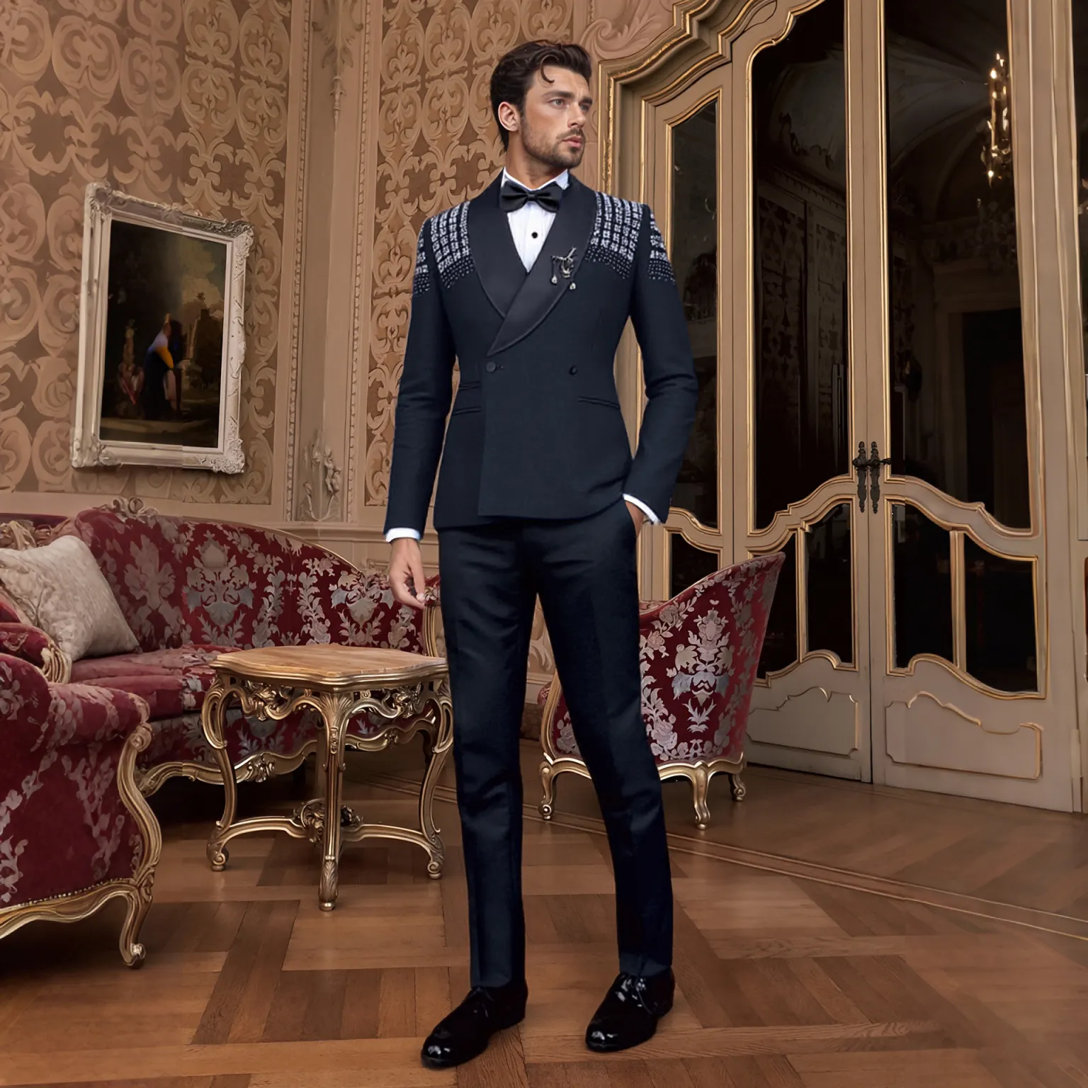 Men'S Formal Evening Wear - Formal Wedding Tuxedos Beaded Crystal Double