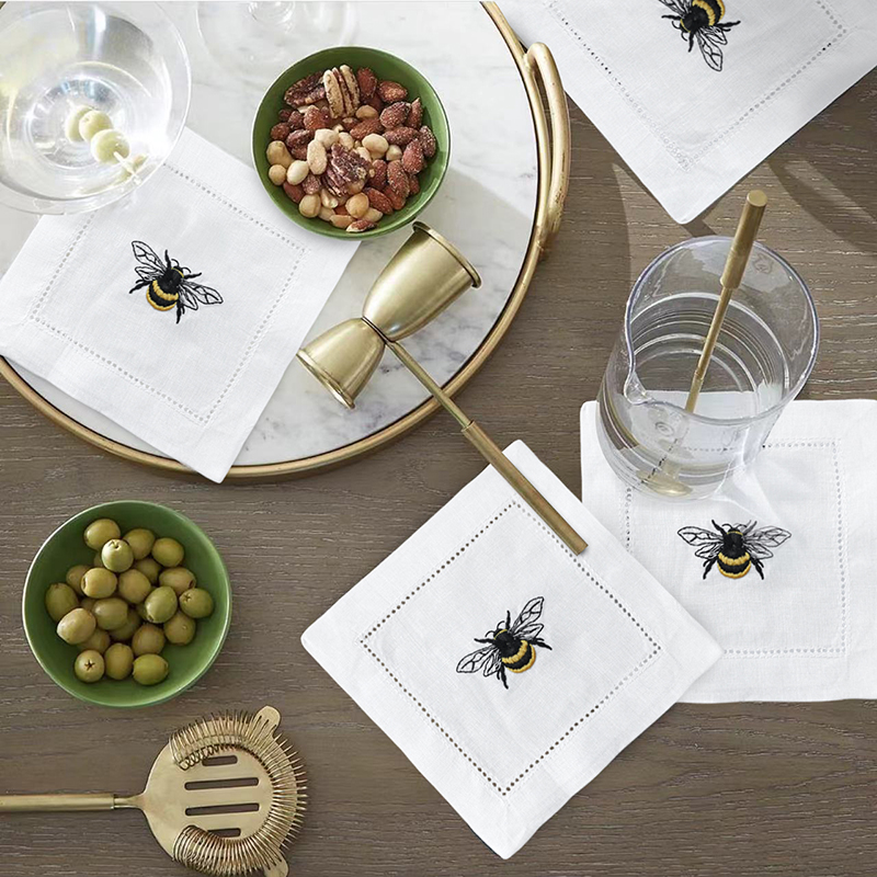 Monogrammed Handkerchief - @Embroidered Bee Cocktail Napkin, Pure Linen,