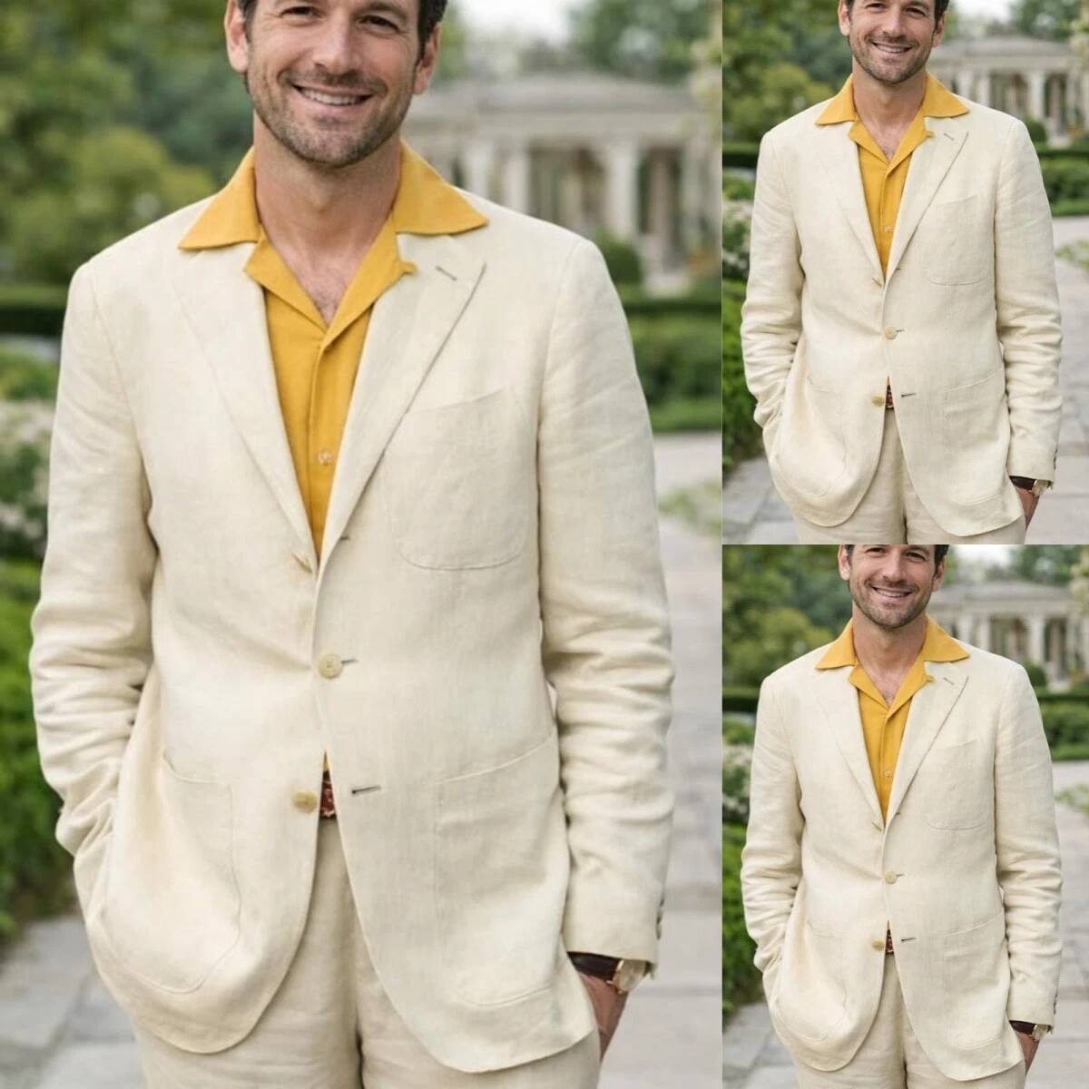 Men'S Relaxed Formal Wear - Beige Linen 2 Pieces Men's Suits