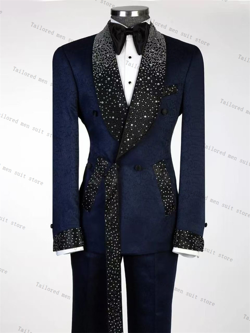 Navy Blue Men Suits Set 2 Piec - Men Formal Wear Coat ulasan dan harga