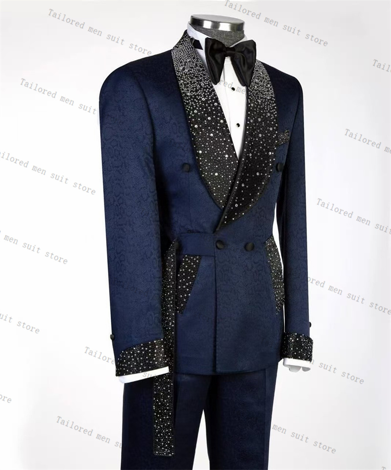 Navy Blue Men Suits Set 2 Piec - Men Formal Wear Coat ulasan dan harga