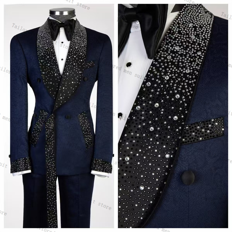Navy Blue Men Suits Set 2 Piec - Men Formal Wear Coat ulasan dan harga