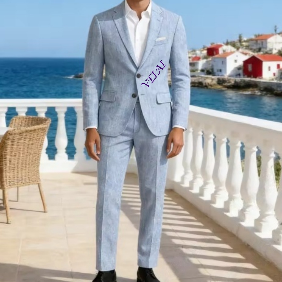 Customized Soft Sky Blue Linen - Men'S Formal Beach Wear ulasan dan harga