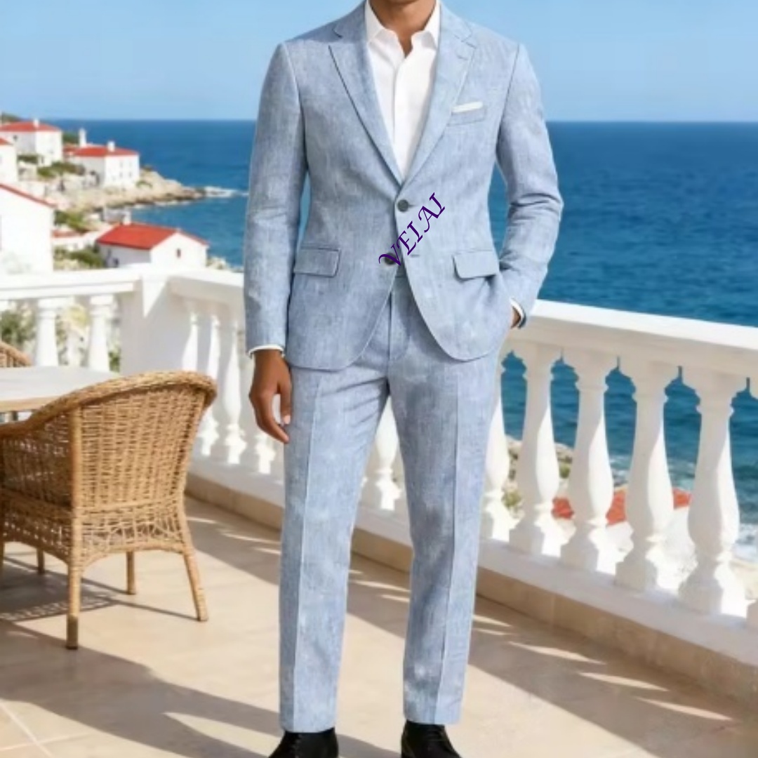 Customized Soft Sky Blue Linen - Men'S Formal Beach Wear ulasan dan harga