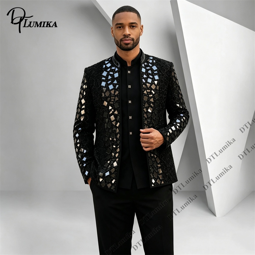 Men Black Mandarin Collar Suit - Men Formal Wear Office ulasan dan harga