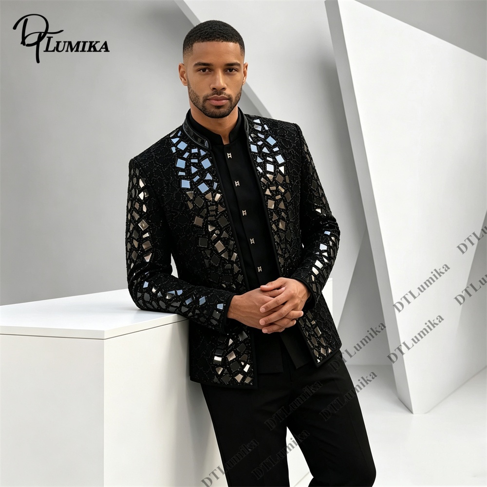 Men Black Mandarin Collar Suit - Men Formal Wear Office ulasan dan harga