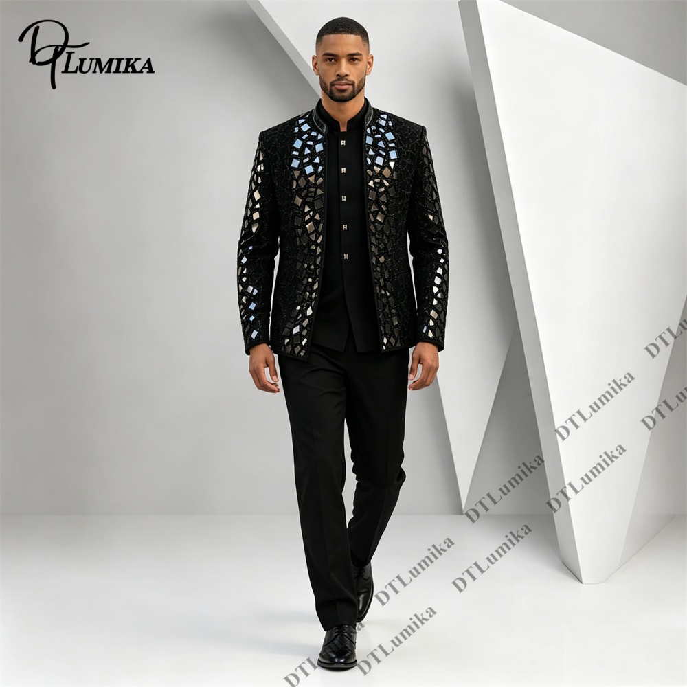 Men Black Mandarin Collar Suit - Men Formal Wear Office ulasan dan harga