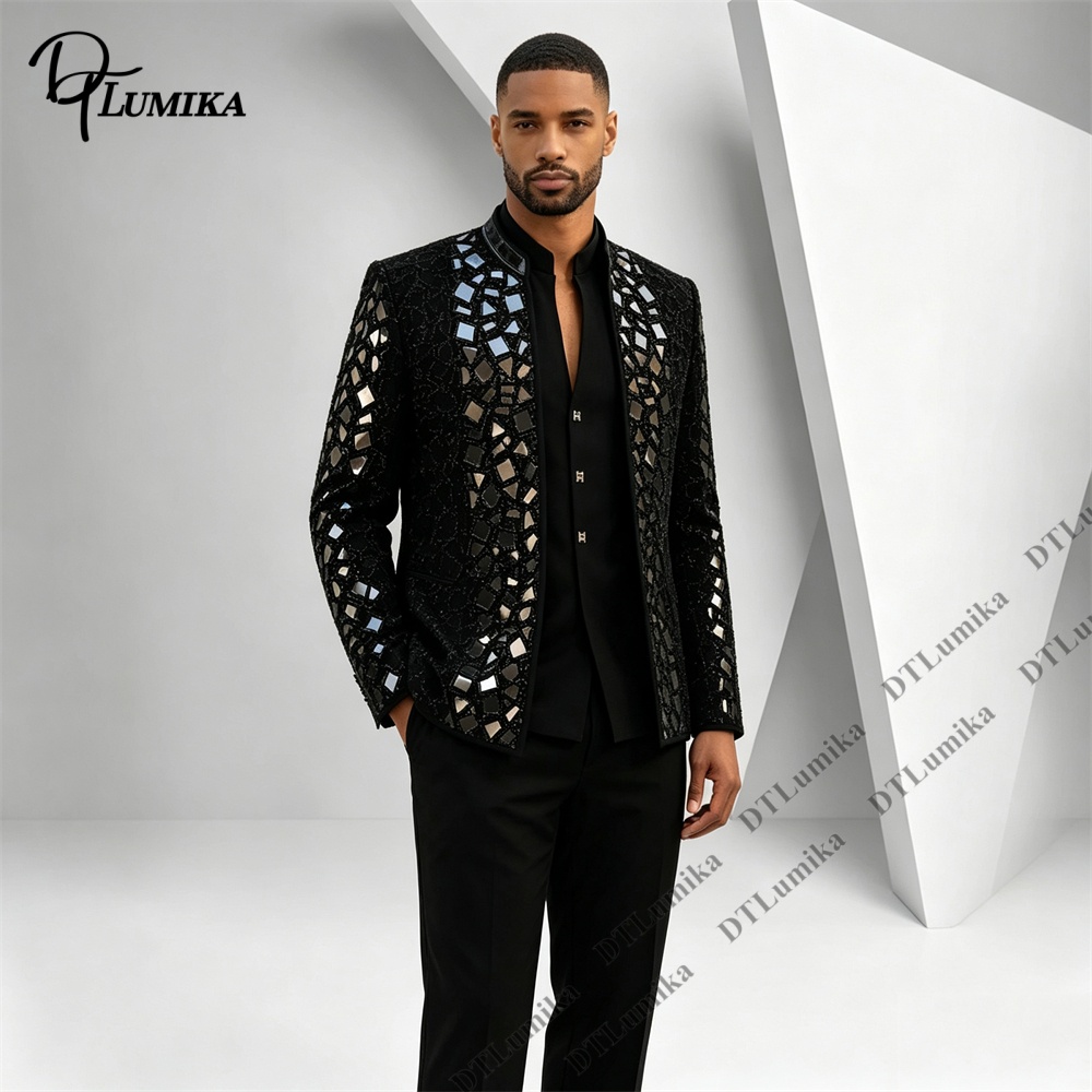 Men Black Mandarin Collar Suit - Men Formal Wear Office ulasan dan harga