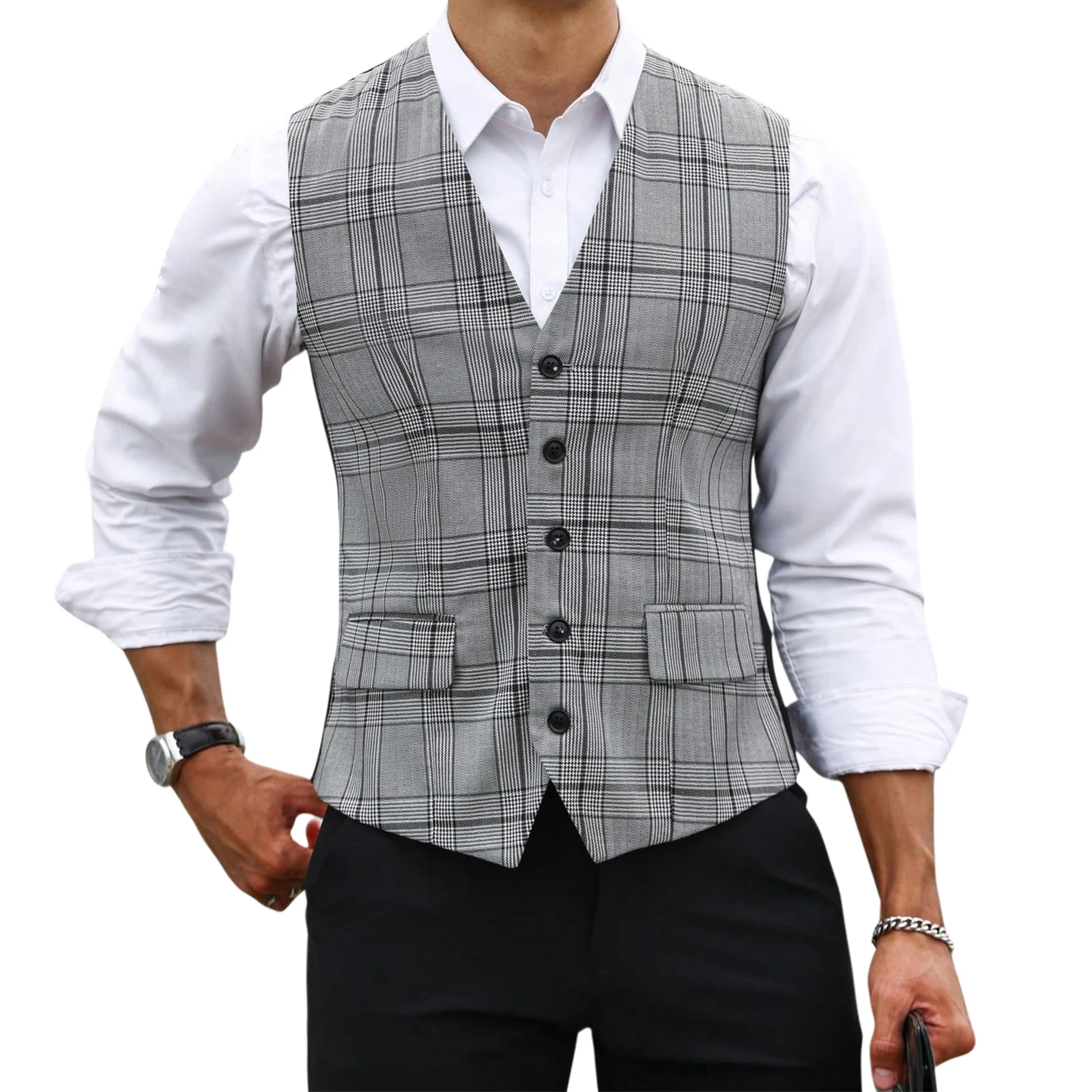 Men Grey Plaid Suit Vest Slim  - Men Formal Wear Vest ulasan dan harga