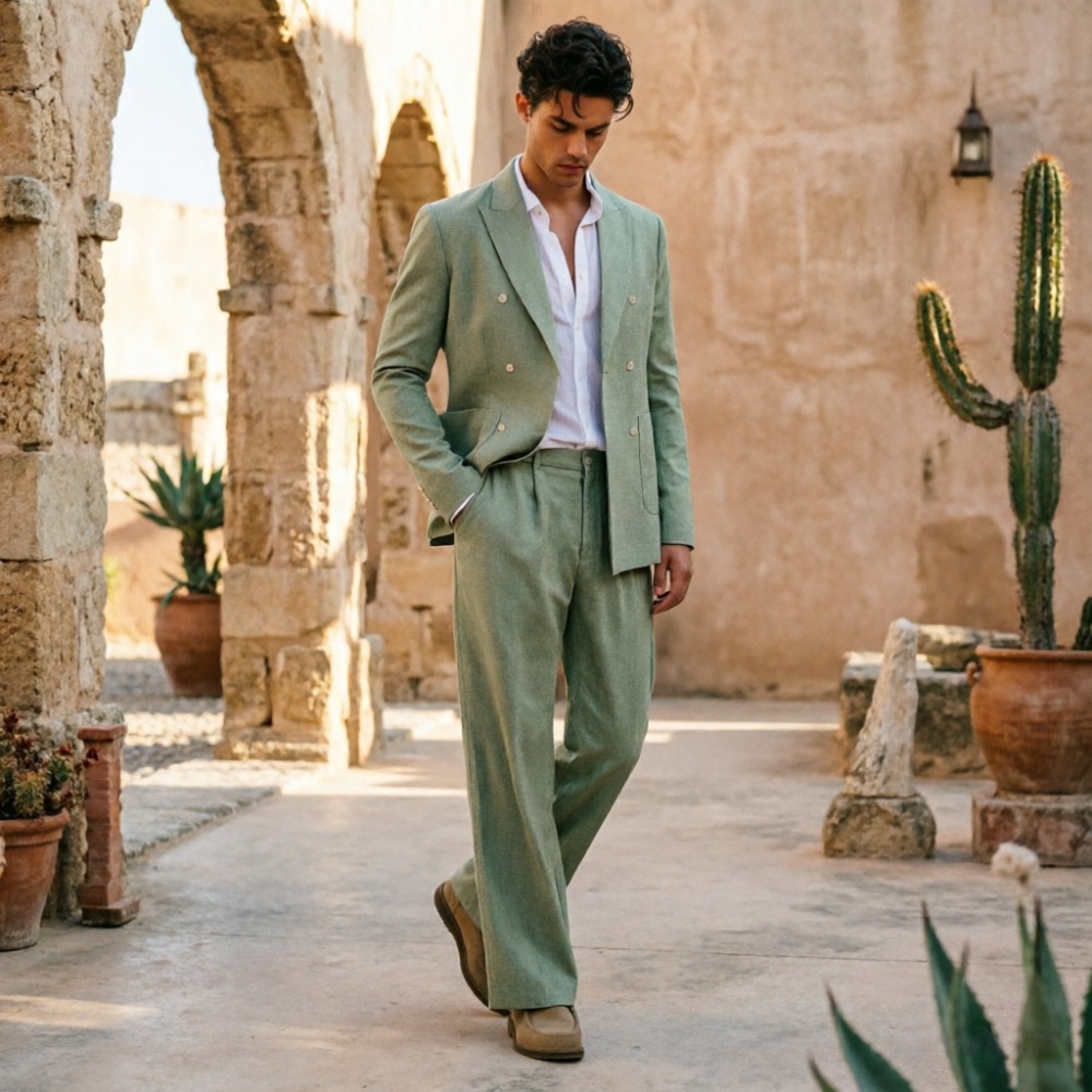 Sage Green Linen Men Suits Rel - Men'S Relaxed Formal Wear ulasan dan harga